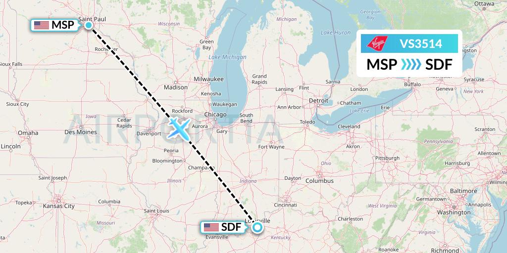 VS3514 Virgin Atlantic Airways Flight Map: Minneapolis to Louisville