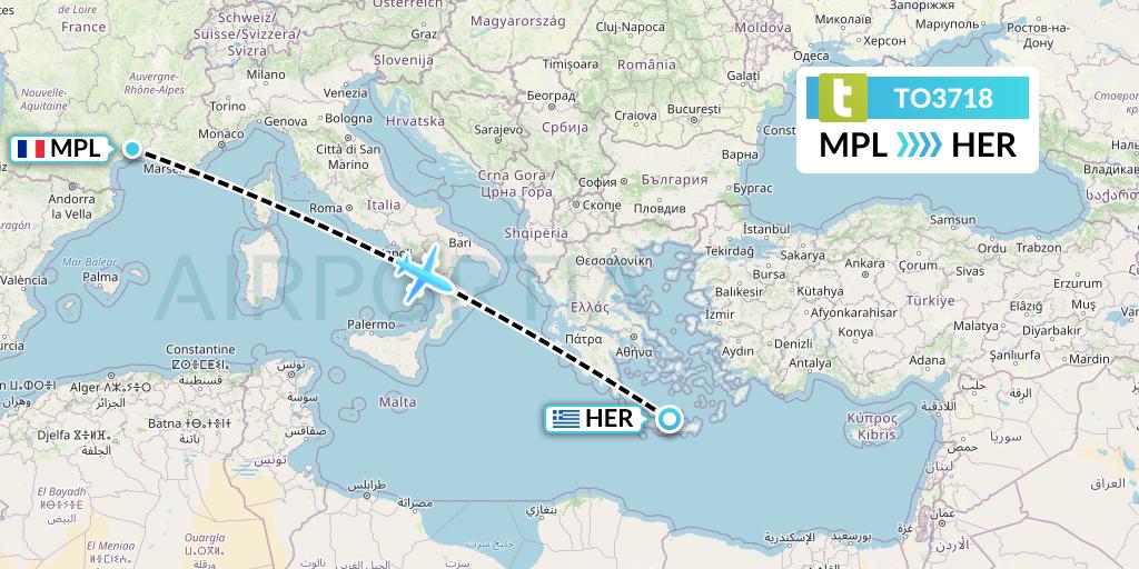 TO3718 Transavia France Flight Map: Montpellier to Heraklion