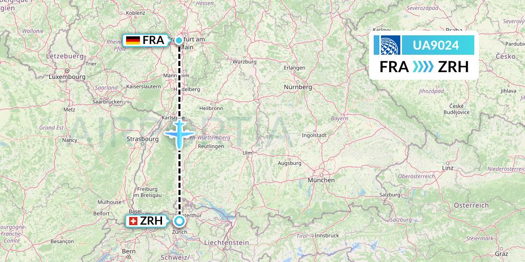 UA9024 United Airlines Flight Map: Frankfurt to Zurich