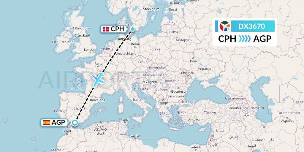 DX3670 Danish Air Transport Flight Map: Copenhagen to Malaga
