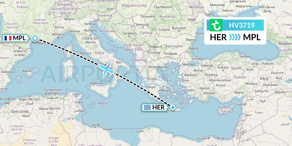 HV3719 Transavia Flight Map: Heraklion to Montpellier