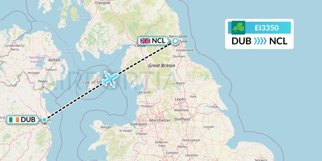 EI3350 Aer Lingus Flight Map: Dublin to Newcastle