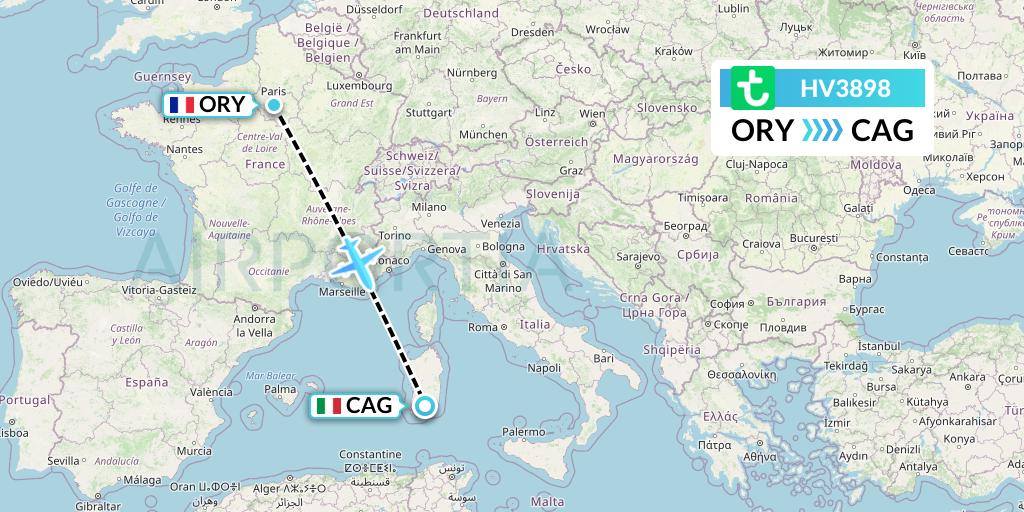 HV3898 Transavia Flight Map: Paris to Cagliari