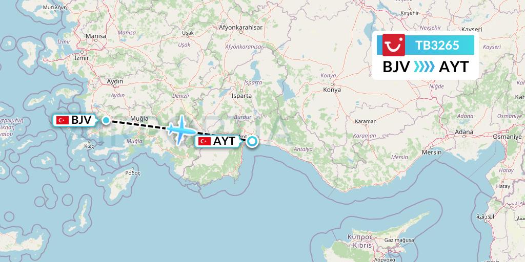 TB3265 TUI fly Belgium Flight Map: Bodrum to Antalya