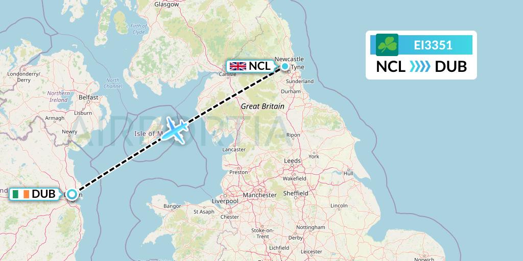 EI3351 Aer Lingus Flight Map: Newcastle to Dublin