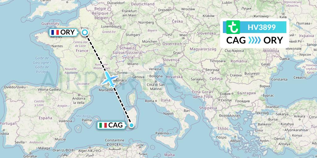 HV3899 Transavia Flight Map: Cagliari to Paris