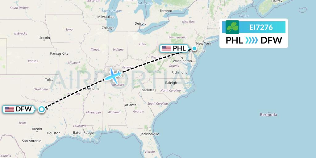 EI7276 Aer Lingus Flight Map: Philadelphia to Dallas