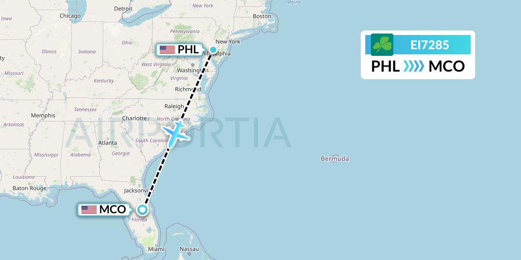EI7285 Aer Lingus Flight Map: Philadelphia to Orlando