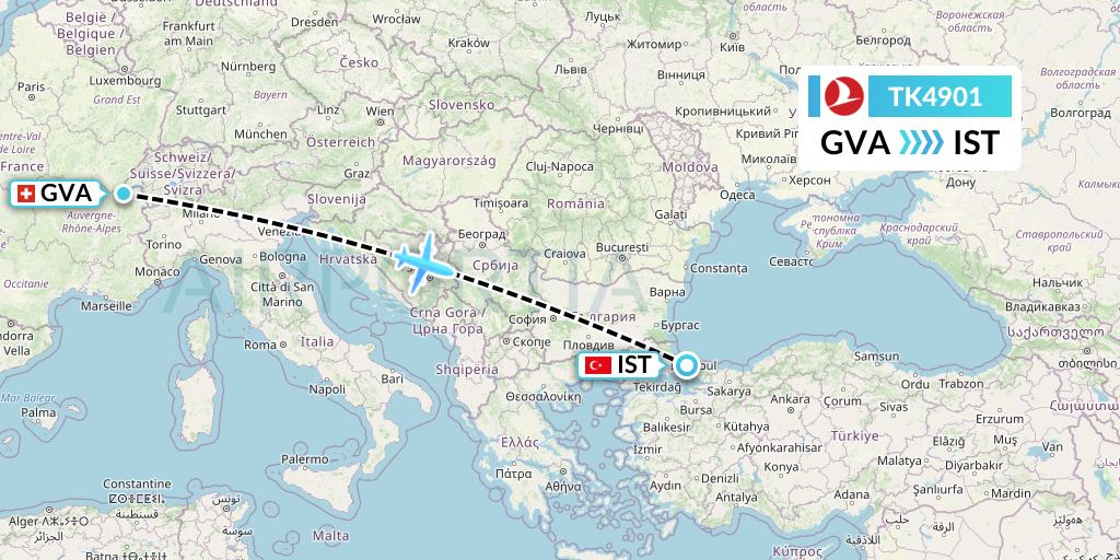 TK4901 Turkish Airlines Flight Map: Geneva to Istanbul