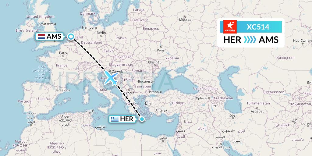 XC514 Corendon Airlines Flight Map: Heraklion to Amsterdam