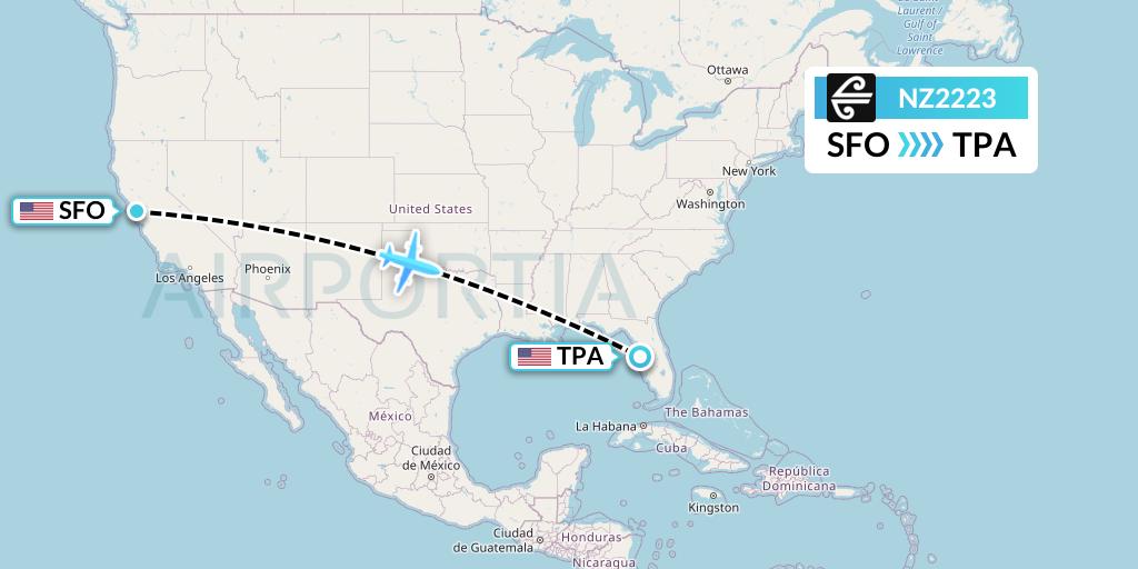 NZ2223 Air New Zealand Flight Map: San Francisco to Tampa