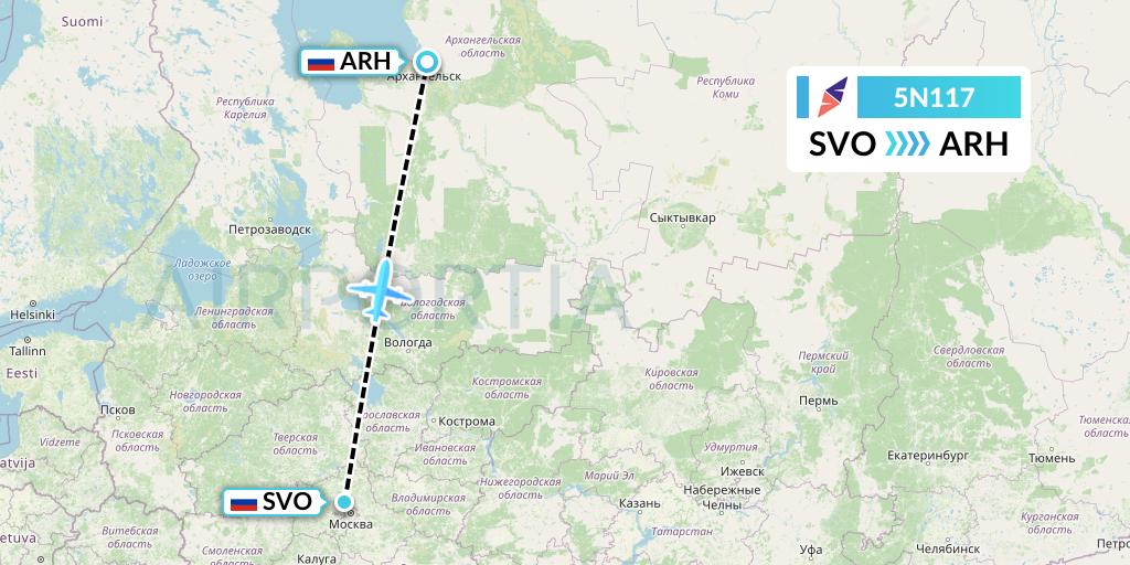 5N117 Nordavia Flight Map: Moscow to Arkhangelsk