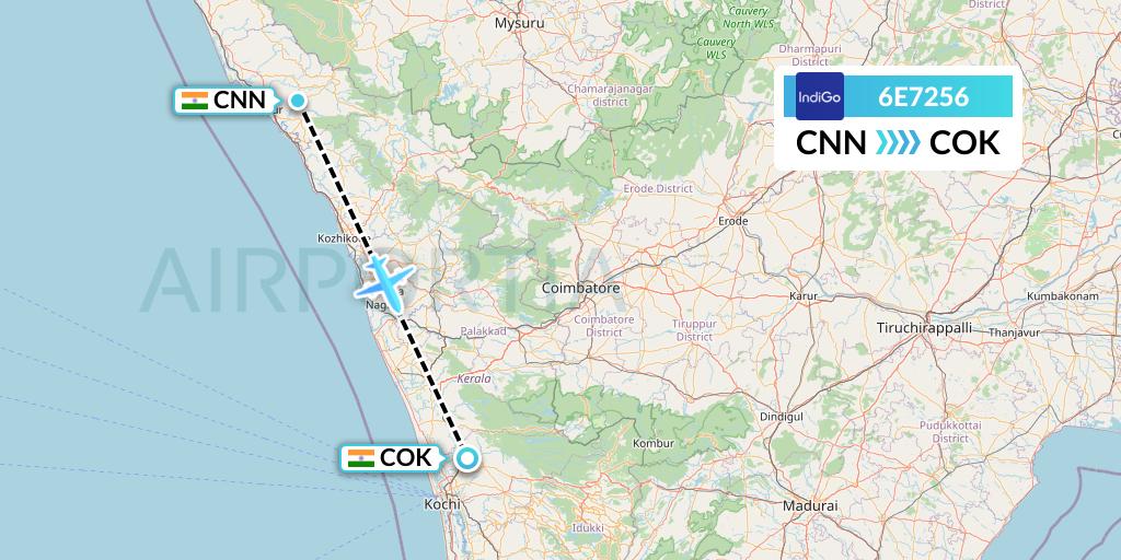 6E7256 IndiGo Airlines Flight Map: Mattannur to Cochin