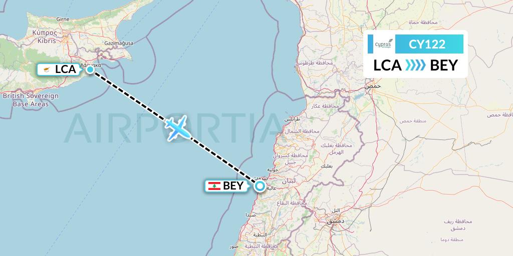 CY122 Cyprus Airways Flight Map: Larnaca to Beirut