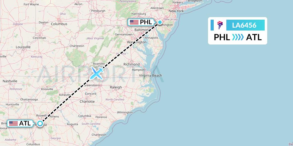 LA6456 LAN Airlines Flight Map: Philadelphia to Atlanta