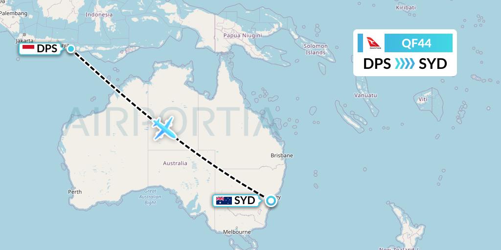 QF44 Qantas Flight Map: Denpasar to Sydney