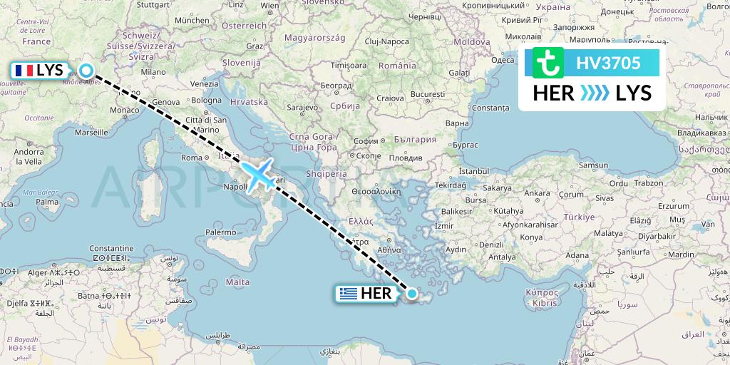 HV3705 Transavia Flight Map: Heraklion to Lyon