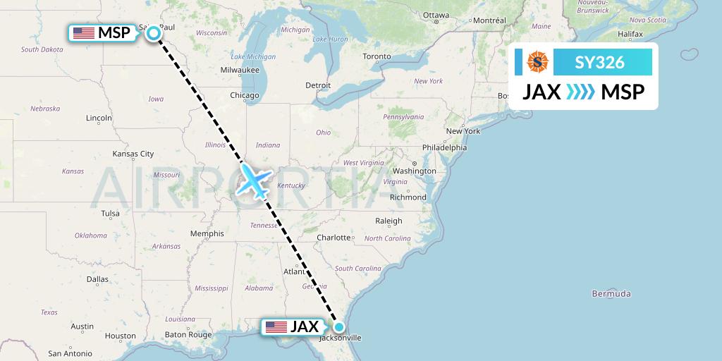 SY326 Sun Country Airlines Flight Map: Jacksonville to Minneapolis