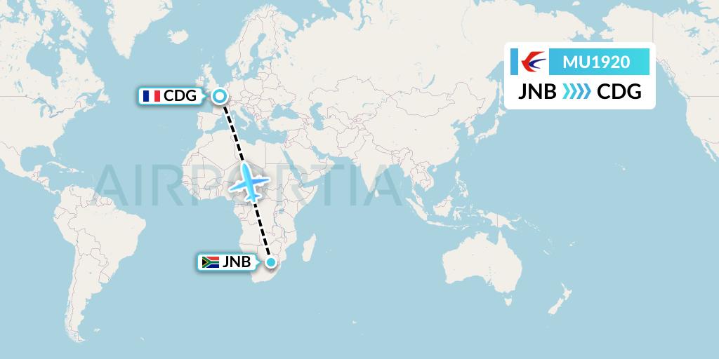 MU1920 China Eastern Airlines Flight Map: Johannesburg to Paris