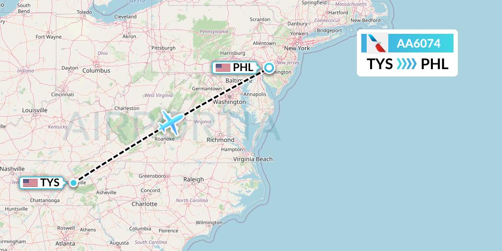 AA6074 American Airlines Flight Map: Knoxville to Philadelphia