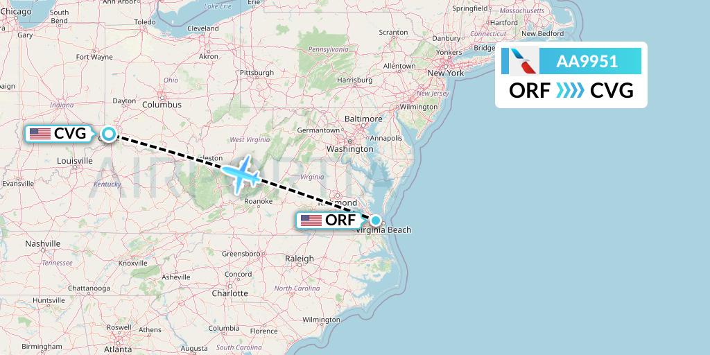 AA9951 American Airlines Flight Map: Norfolk to Cincinnati