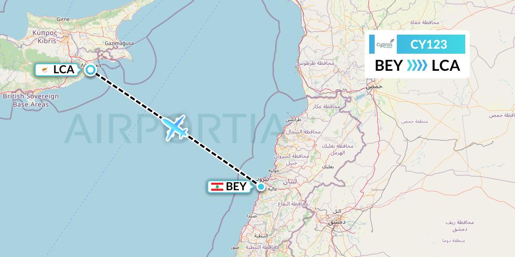 CY123 Cyprus Airways Flight Map: Beirut to Larnaca
