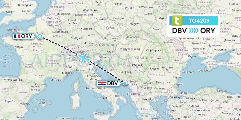 TO4209 Transavia France Flight Map: Dubrovnik to Paris