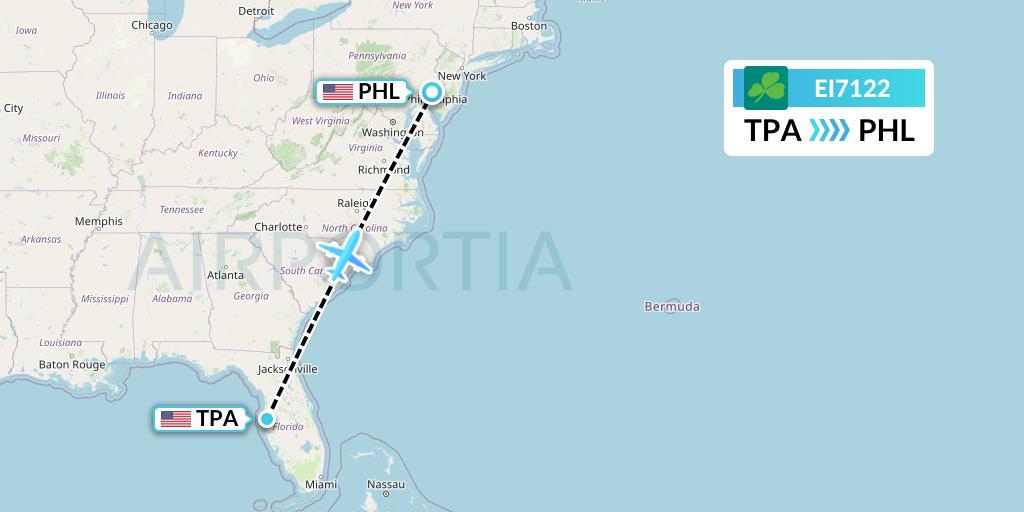 EI7122 Aer Lingus Flight Map: Tampa to Philadelphia