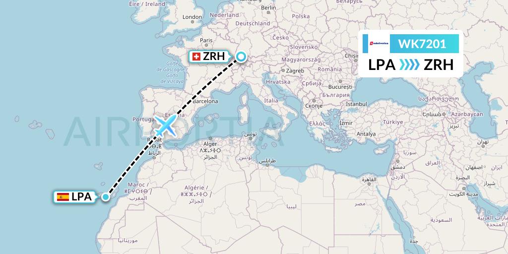 WK7201 Edelweiss Air Flight Map: Las Palmas to Zurich