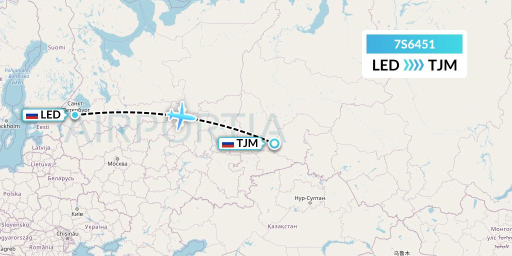 7S6451 Ryan Air (USA) Flight Map: St. Petersburg to Tyumen