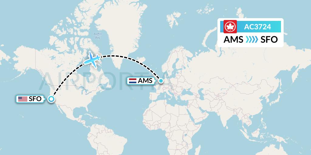 AC3724 Air Canada Flight Map: Amsterdam to San Francisco