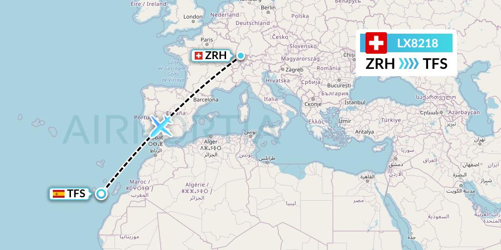 LX8218 Swiss Flight Map: Zurich to Tenerife