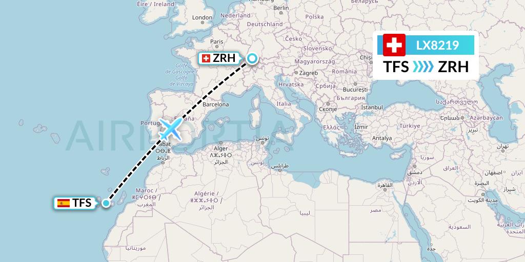 LX8219 Swiss Flight Map: Tenerife to Zurich
