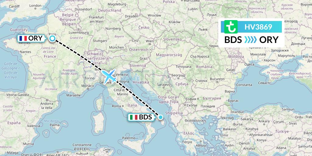 HV3869 Transavia Flight Map: Brindisi to Paris