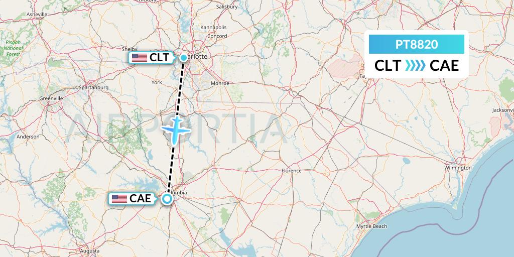 PT8820 Piedmont Airlines Flight Map: Charlotte to Columbia