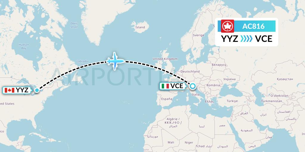 AC816 Air Canada Flight Map: Toronto to Venice