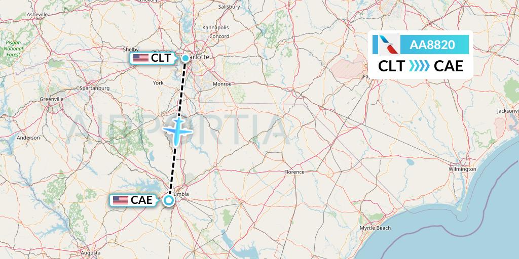 AA8820 American Airlines Flight Map: Charlotte to Columbia