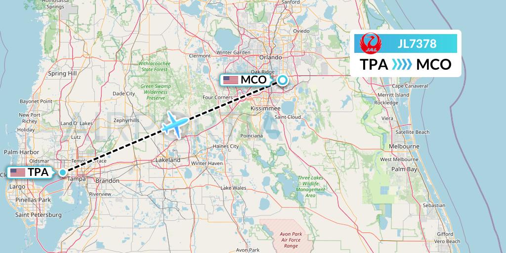 JL7378 Japan Airlines Flight Map: Tampa to Orlando