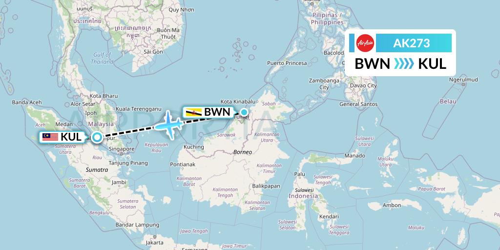 AK273 AirAsia Flight Map: Brunei to Kuala Lumpur