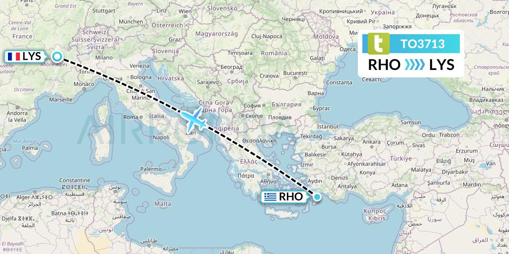 TO3713 Transavia France Flight Map: Rhodes to Lyon