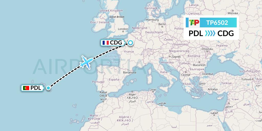 TP6502 TAP Portugal Flight Map: Ponta Delgada to Paris
