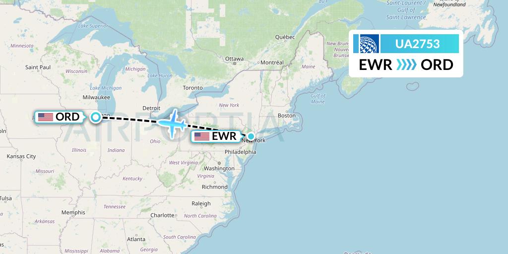 UA2753 United Airlines Flight Map: New York to Chicago
