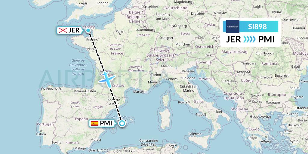 SI898 Blue Islands Flight Map: Jersey to Palma de Mallorca