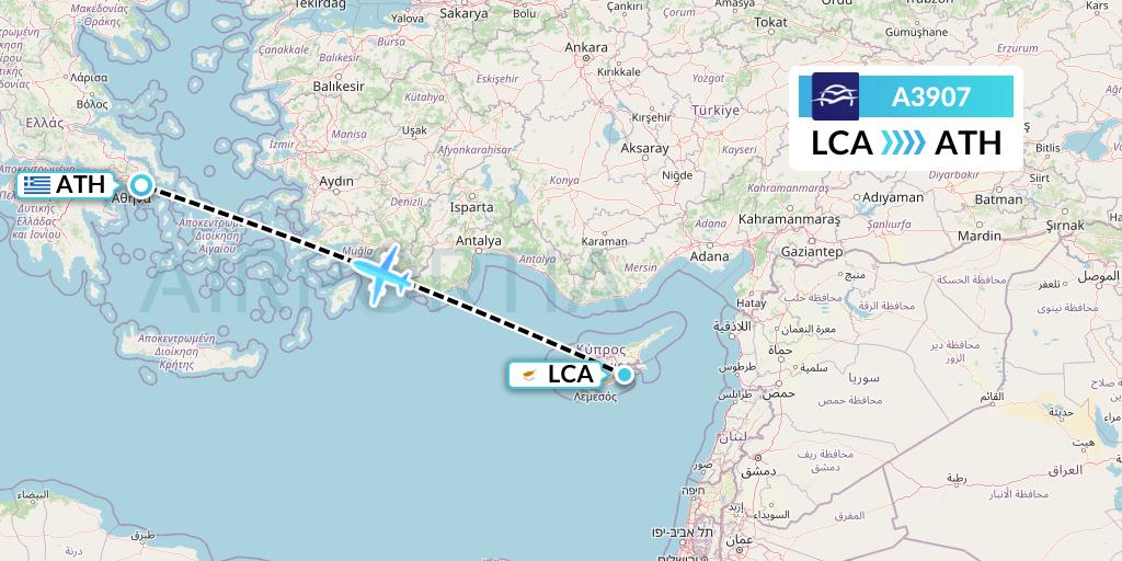 A3907 Aegean Airlines Flight Map: Larnaca to Athens