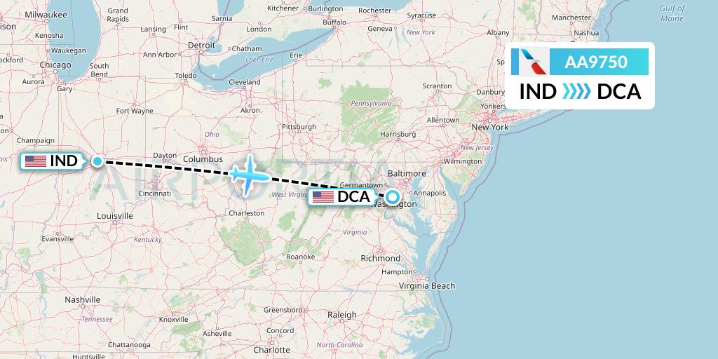 AA9750 American Airlines Flight Map: Indianapolis to Washington
