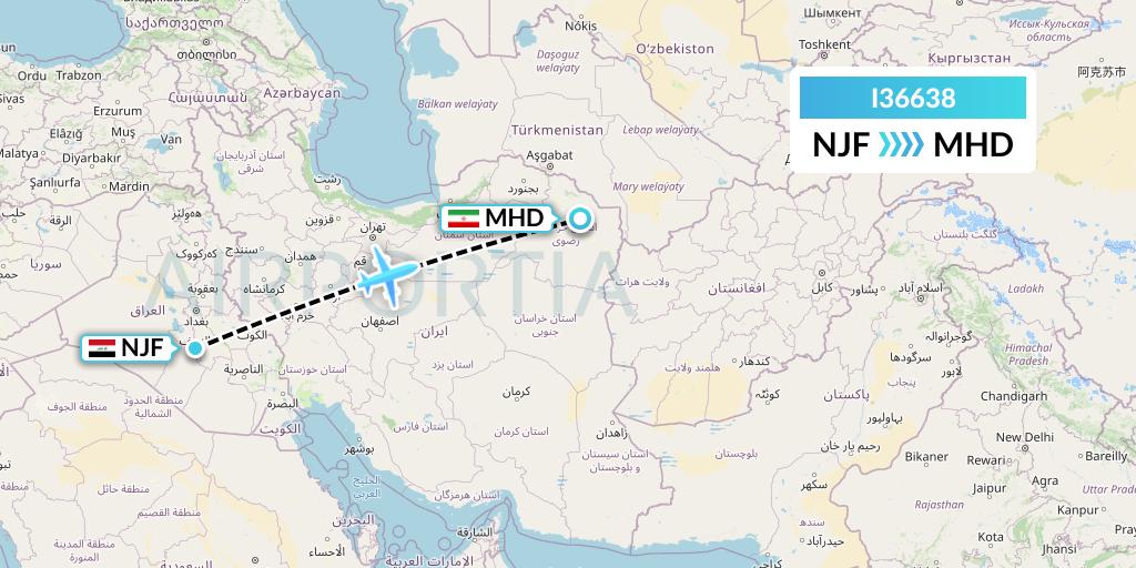 I36638 ATA Airlines Flight Map: Najaf to Mashhad