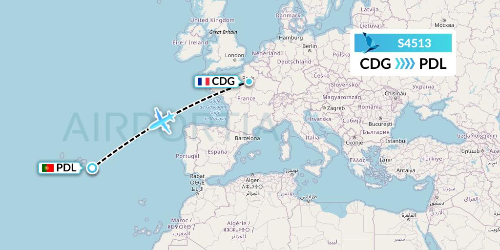 S4513 Azores Airlines Flight Map: Paris to Ponta Delgada