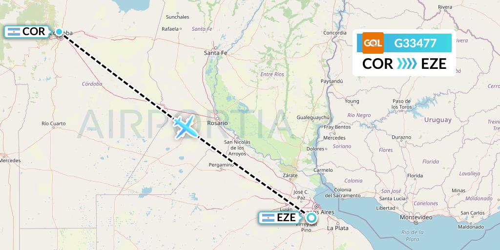 G33477 GOL Transportes Aeros Flight Map: Cordoba to Buenos Aires