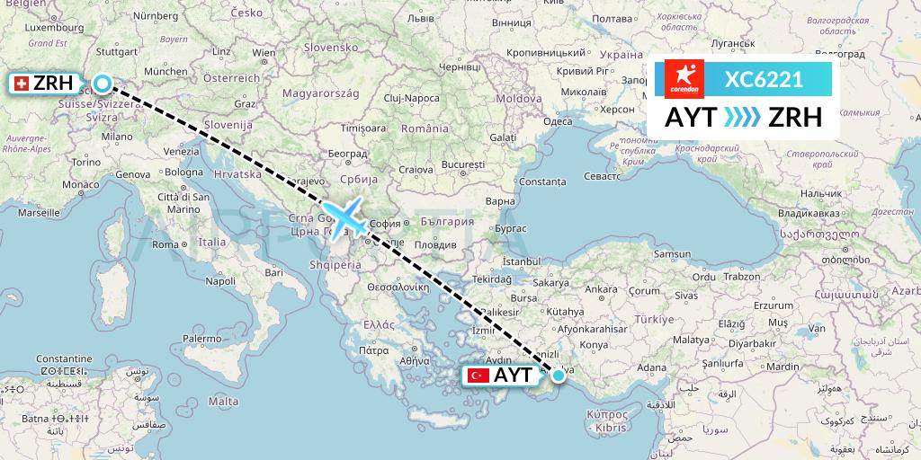 XC6221 Corendon Airlines Flight Map: Antalya to Zurich