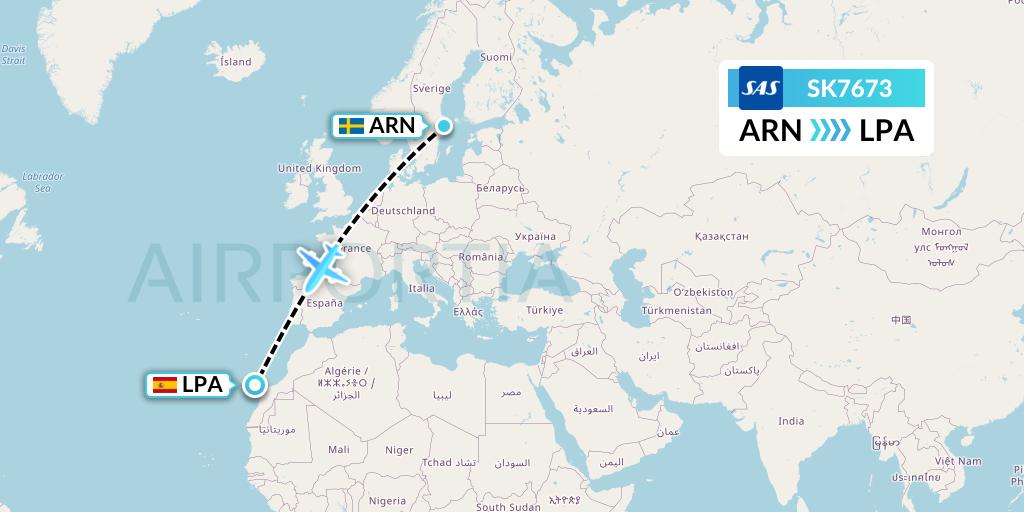 SK7673 SAS Flight Map: Stockholm to Las Palmas